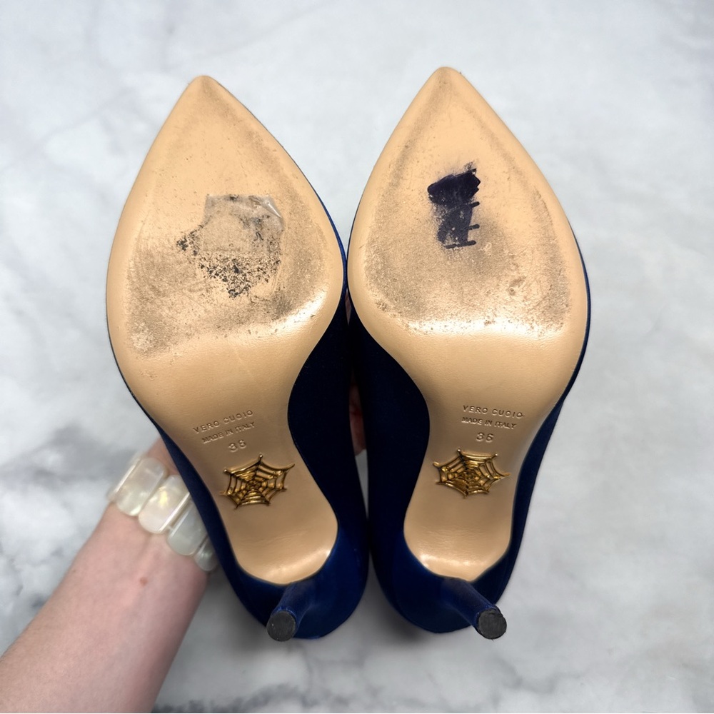 Charlotte Olympia Lippy Eva Metal Lips Silk Satin Pointed Toe Stiletto Heel Pump - Picture 9 of 13